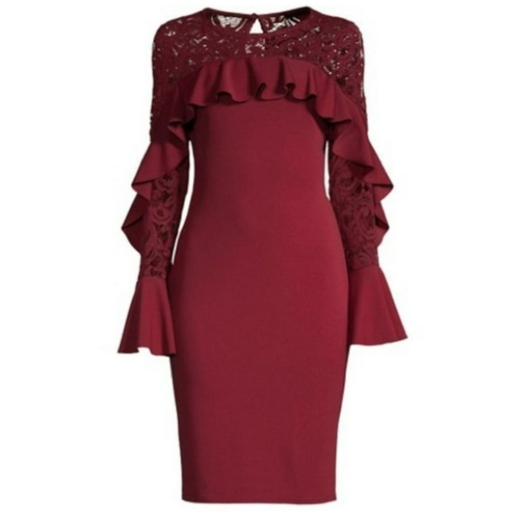 BETSY & ADAM Stretch Lace Ruffled Zippered Keyhole Back Bell Sleeve Jewel Neck